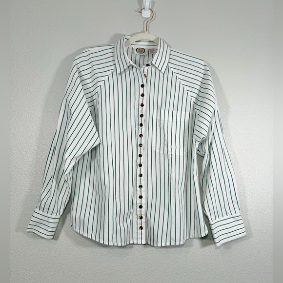 Picket and Post Tops - Picket and Post Shirt Button Down Green Stripe Brown Button Christmas Women 12